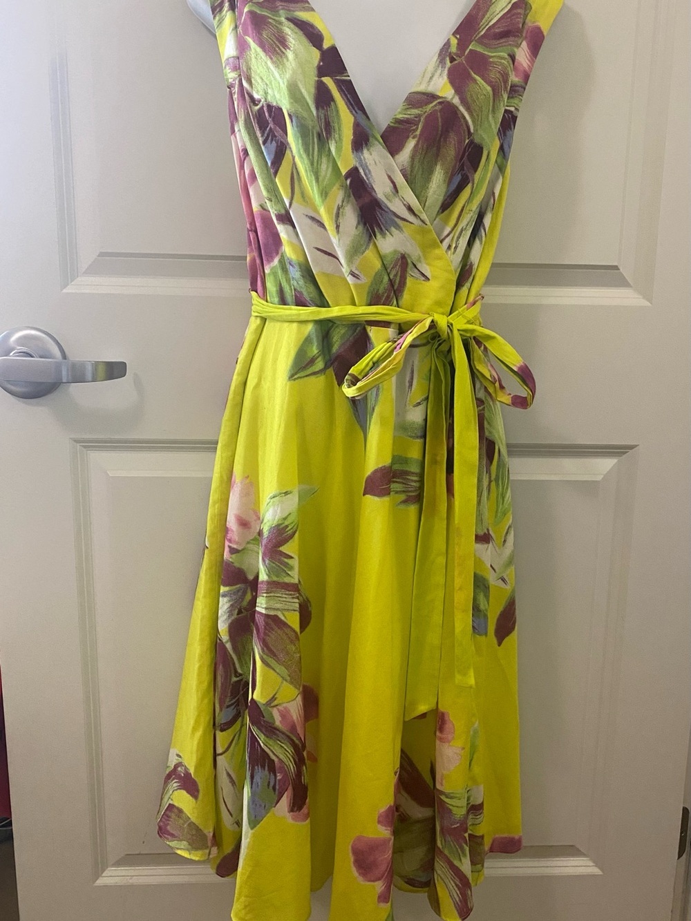Tahari Arthur & Levine Citrine & Lilac Floral Fit & Flare Wrap Midi Dress